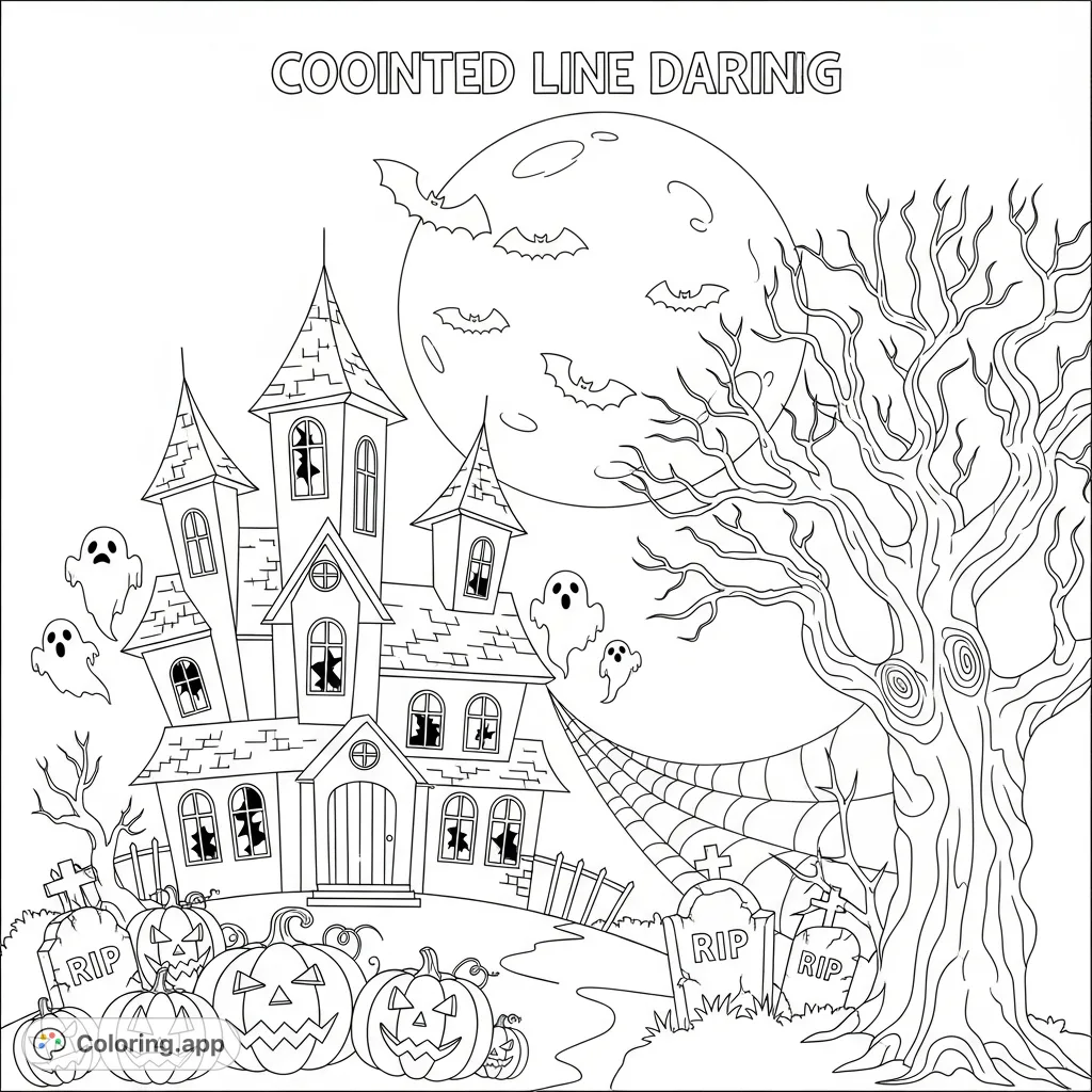 Explore a classic Halloween haunted house scene with bats, pumpkins, tombstones, and ghosts. A fun, spooky coloring adventure awaits!