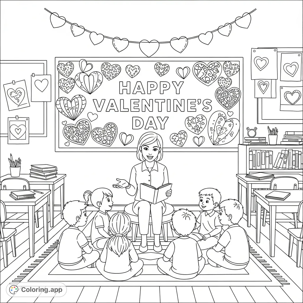 A charming school classroom coloring page, perfect for Valentine's Day, featuring a teacher reading to children amidst festive heart decorations.