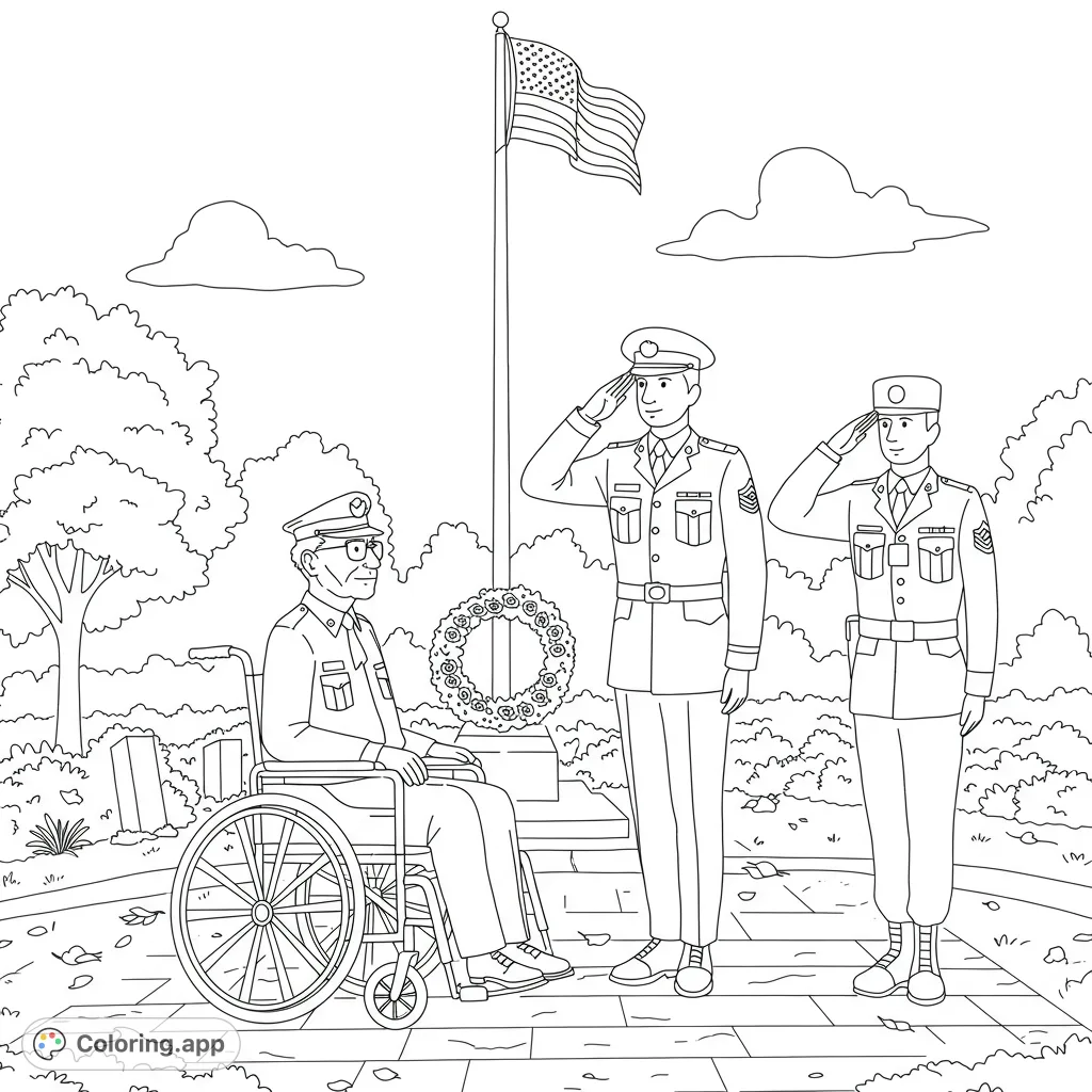 A powerful Veteran's Day coloring page featuring a saluting veteran in a wheelchair and an active soldier, honoring service and sacrifice.