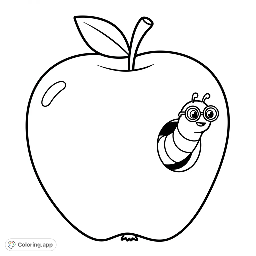 A charming apple coloring page featuring a friendly worm with glasses peeking out. Perfect for young artists to explore colors and creativity!