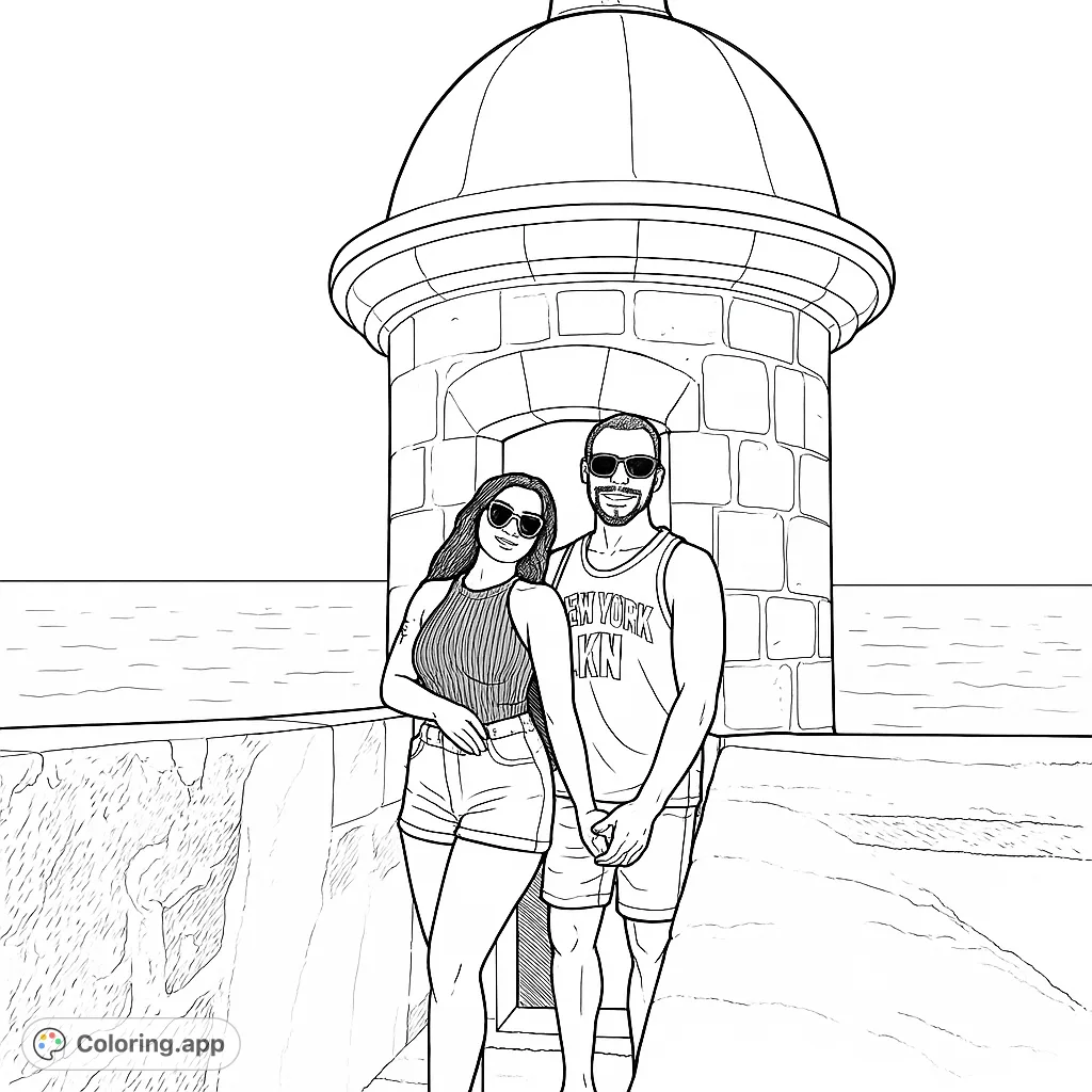 A couple in a historic stone sentry box overlooking a vast ocean. Perfect for a travel-themed coloring adventure, a free printable coloring page.