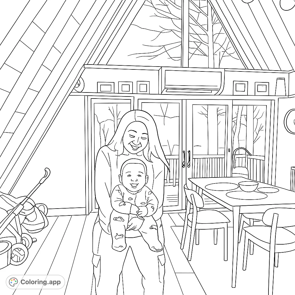 A heartwarming scene of a mother holding her baby in a bright, modern A-frame home, perfect for a cozy family coloring experience.