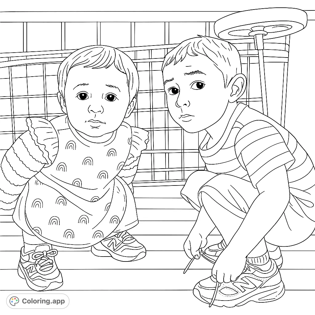 Capture the innocence of two curious children squatting, ready for adventure. Features detailed clothing and a warm, inviting scene.