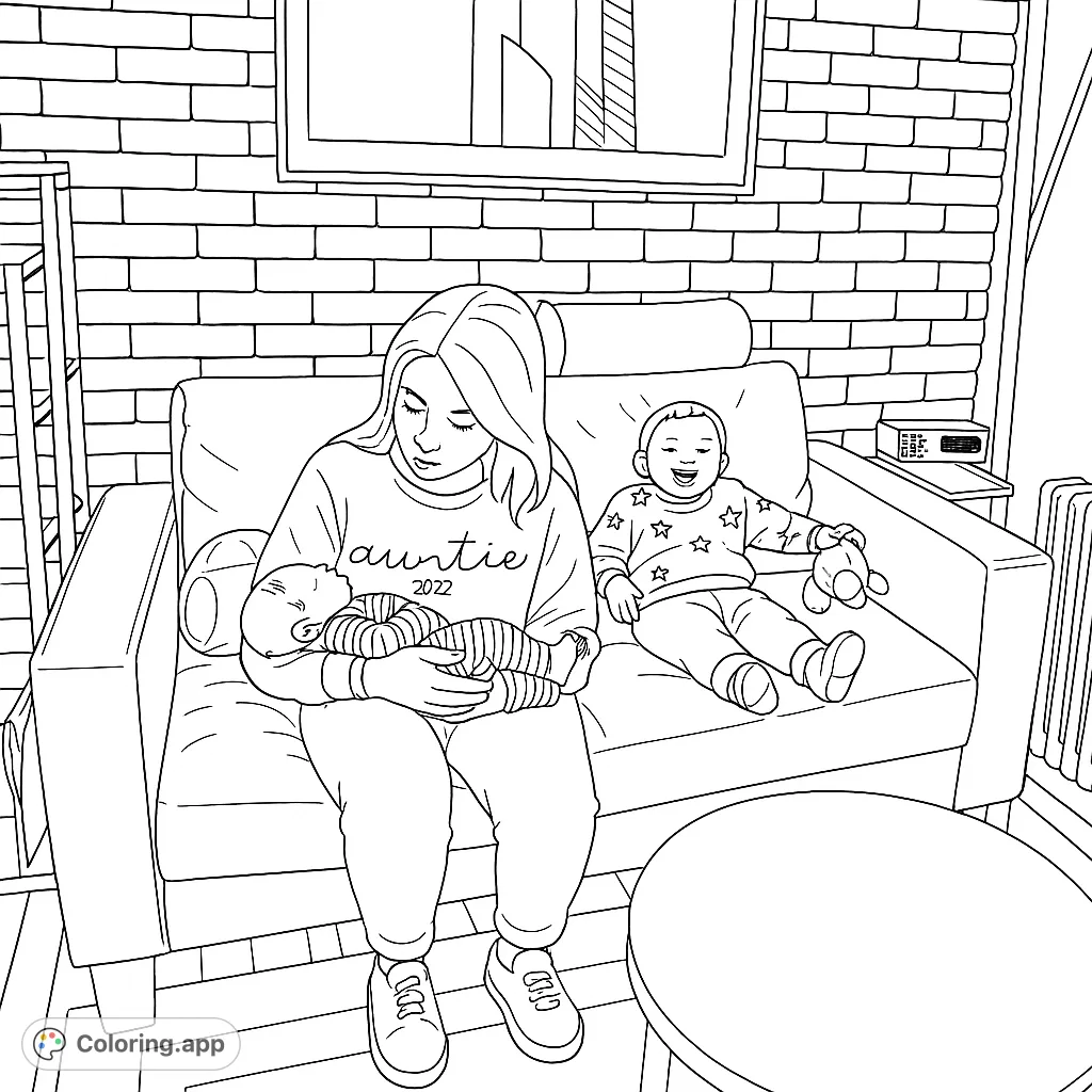 A heartwarming family scene featuring a woman holding a newborn, a smiling toddler, and a cozy couch. Perfect for celebrating new beginnings.