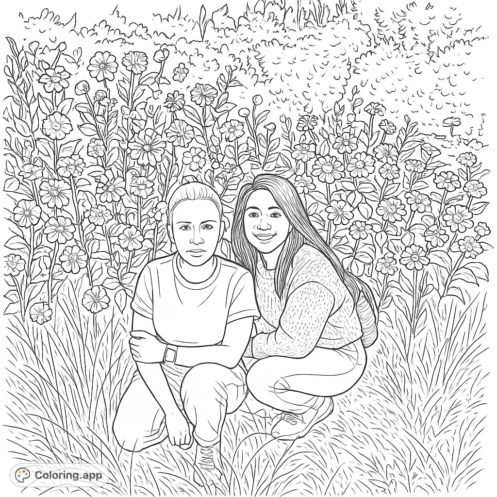 Two women smiling amidst a vibrant flower garden, perfect for a relaxing nature-themed coloring experience. A beautiful garden scene.