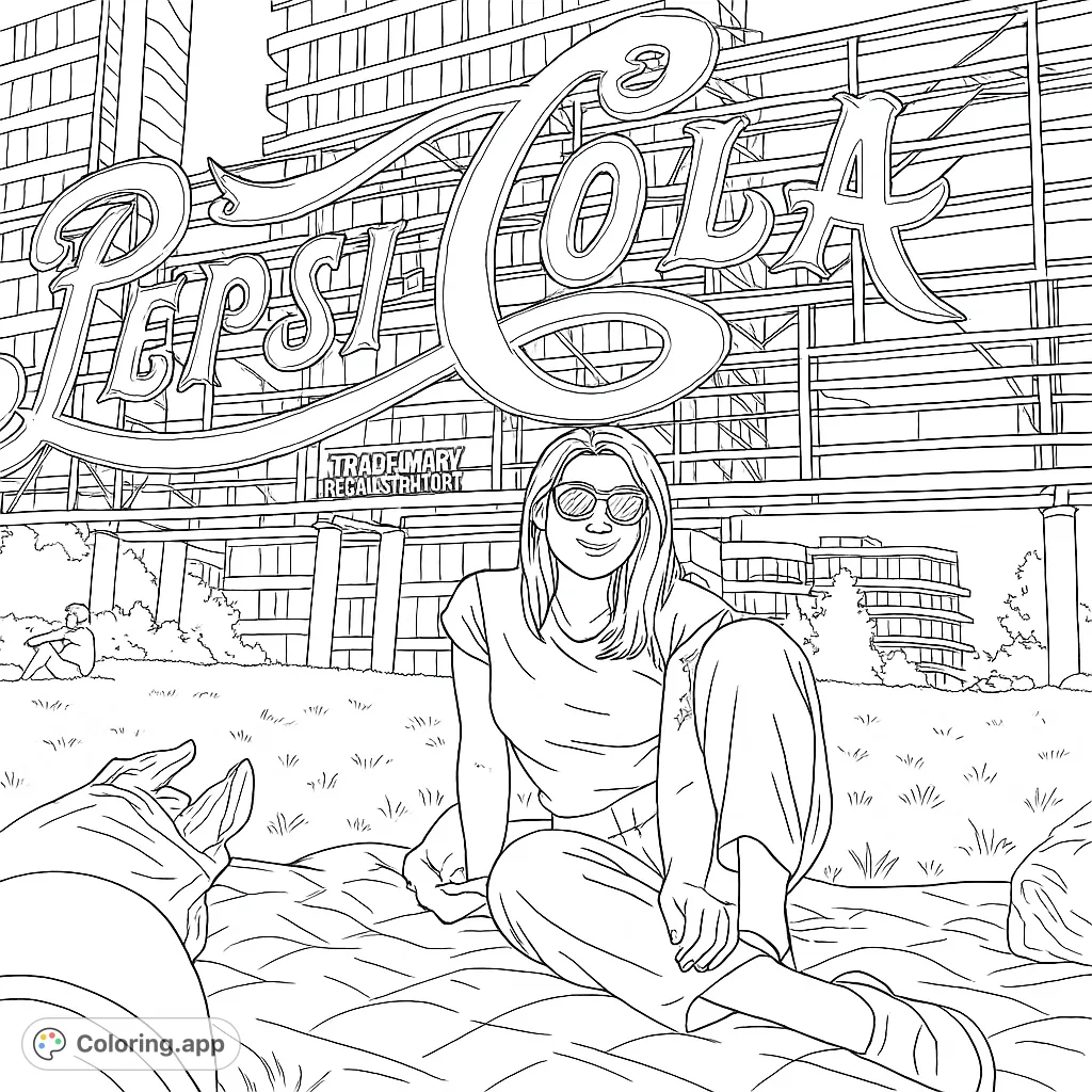Color a vibrant urban park scene featuring an iconic large sign, people relaxing on a grassy hill, and modern city buildings under a clear sky.