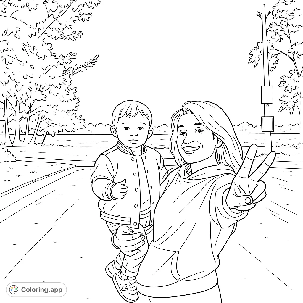 A heartwarming mother and child lakeside scene, perfect for family-themed coloring. Features a joyful duo by a serene lake with trees.