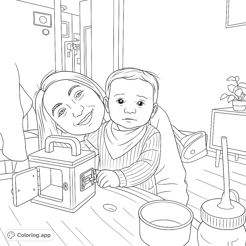 A tender mother and baby moment with an activity cube, perfect for a heartwarming family coloring page. Explore details and textures.