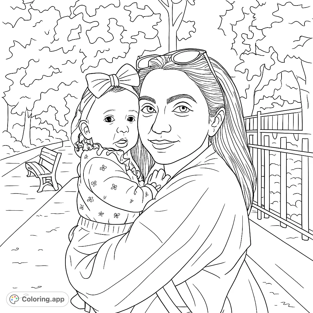 A tender mother and child portrait, perfect for a heartwarming coloring experience. Features a loving embrace in a serene outdoor setting.