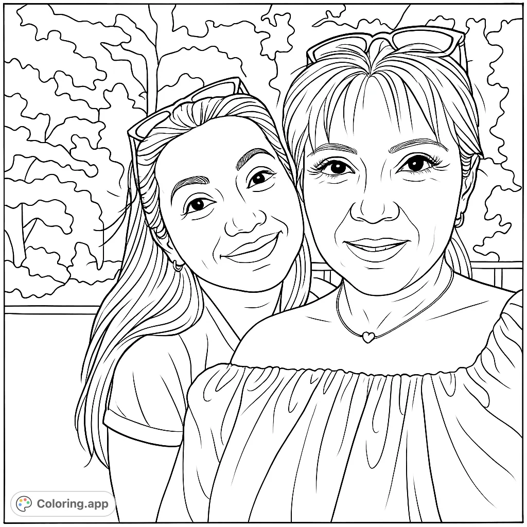 A heartwarming portrait of two smiling women outdoors, perfect for personalizing with vibrant colors. Capture their joy and the natural setting.