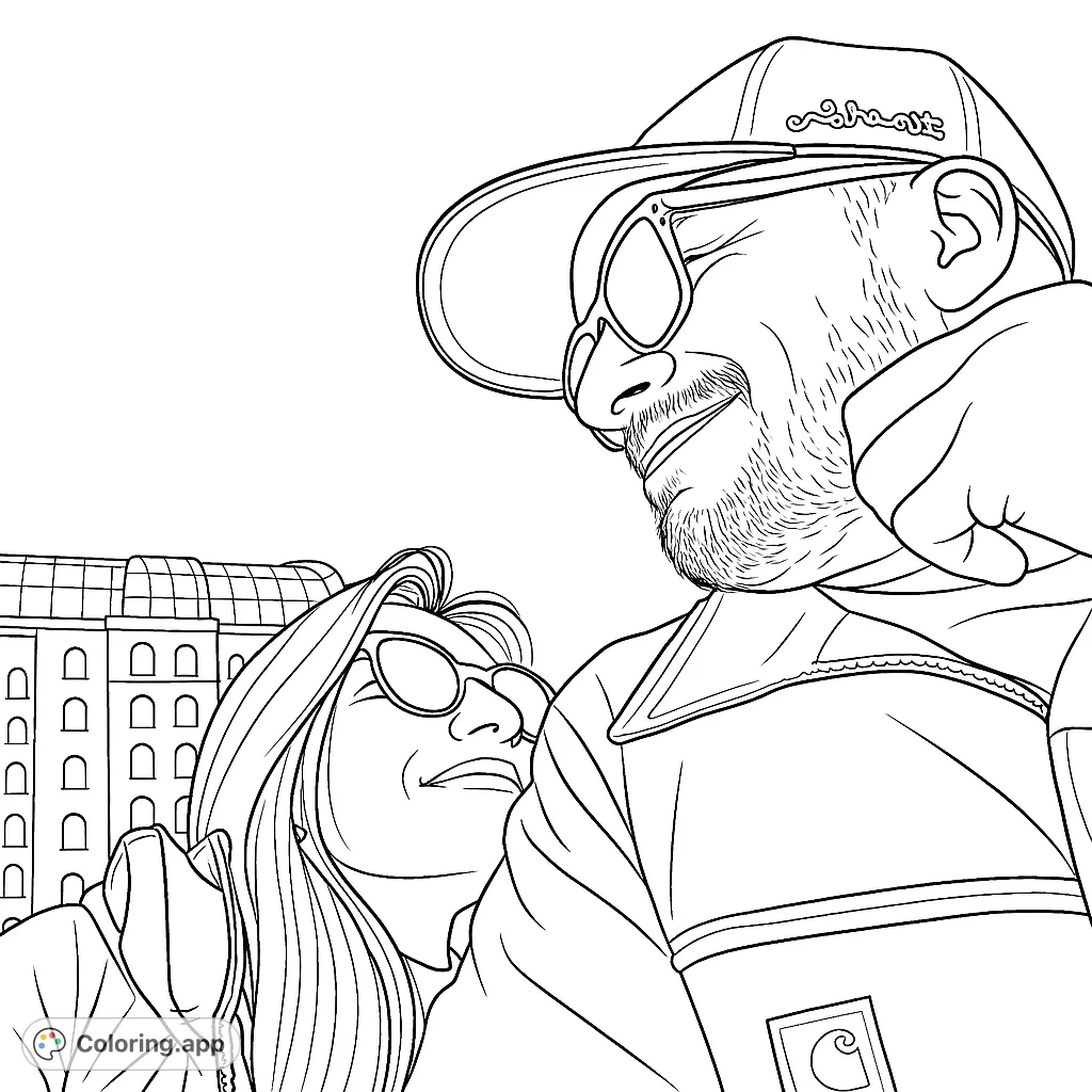A heartwarming couple's portrait coloring page, featuring two individuals in a close embrace against an urban backdrop. Perfect for all ages!