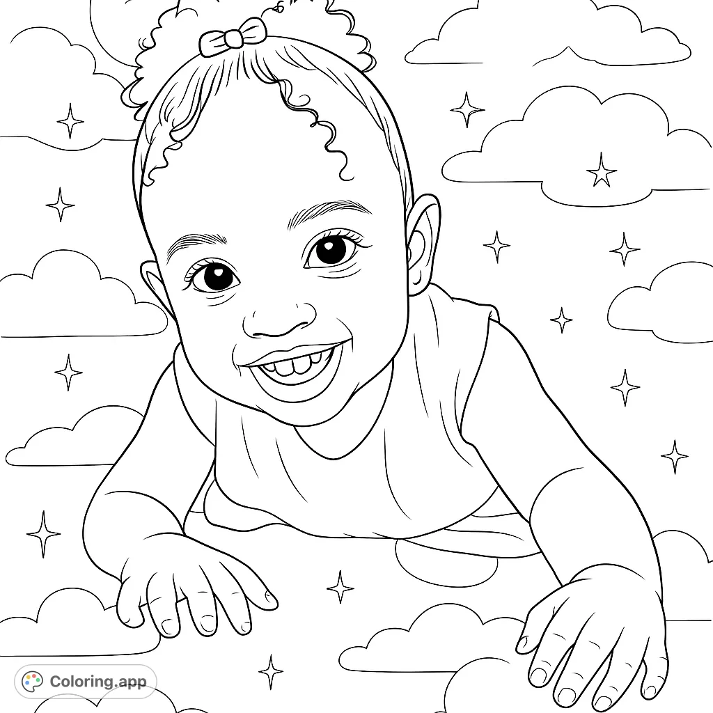 A delightful baby with a big smile, surrounded by whimsical clouds and stars. Perfect for a sweet, dreamy coloring experience.