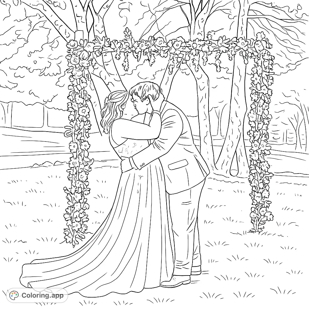 A romantic wedding scene featuring a couple kissing under a beautiful floral arch, perfect for celebrating love and intricate details.