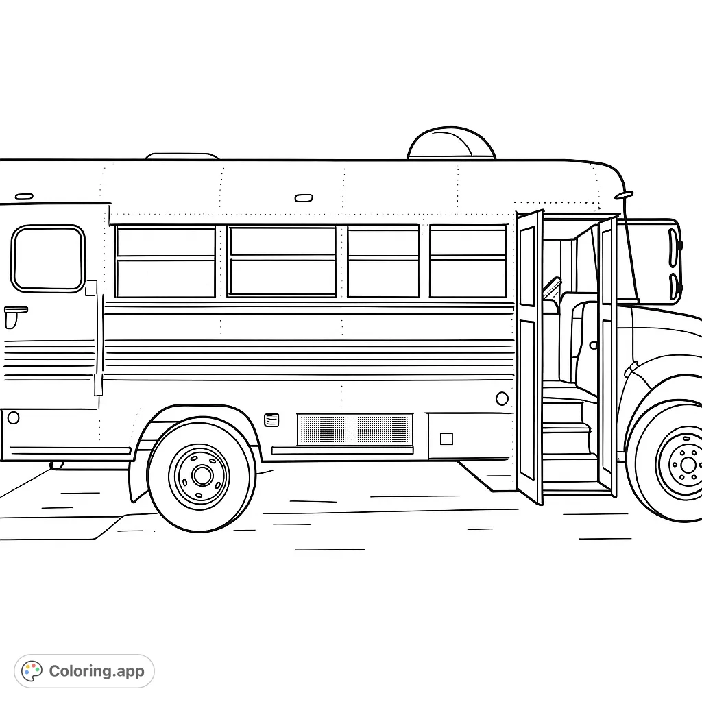 Color a detailed school bus conversion project, featuring an open door, ribbed panels, and a simple background. Perfect for vehicle enthusiasts!