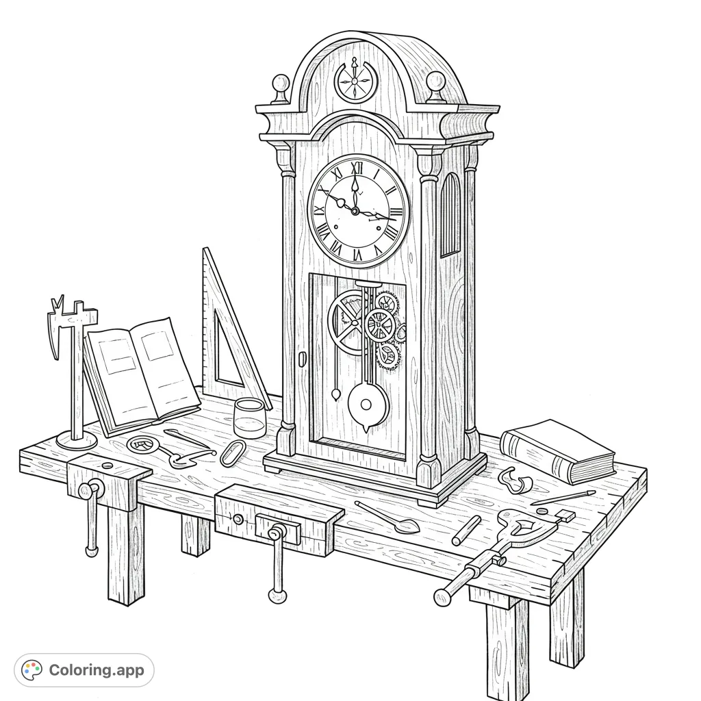Explore Benjamin Banneker's wooden clock, a free printable coloring page featuring intricate gears, a pendulum, and inventor's tools, perfect for all ages.