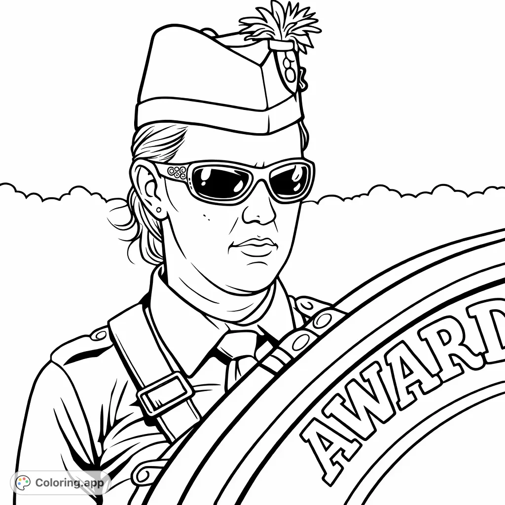 A detailed cartoony coloring page featuring a drummer in uniform, complete with a distinctive hat and large drum, ready for a parade. A free printable coloring page perfect for all ages.