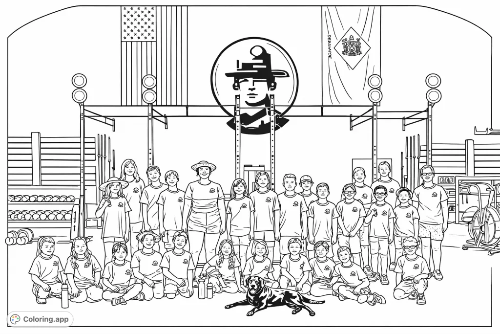A vibrant group of children and their friendly dog pose in a gym setting. Features fitness equipment, national flags, and a team logo, perfect for detailed coloring.