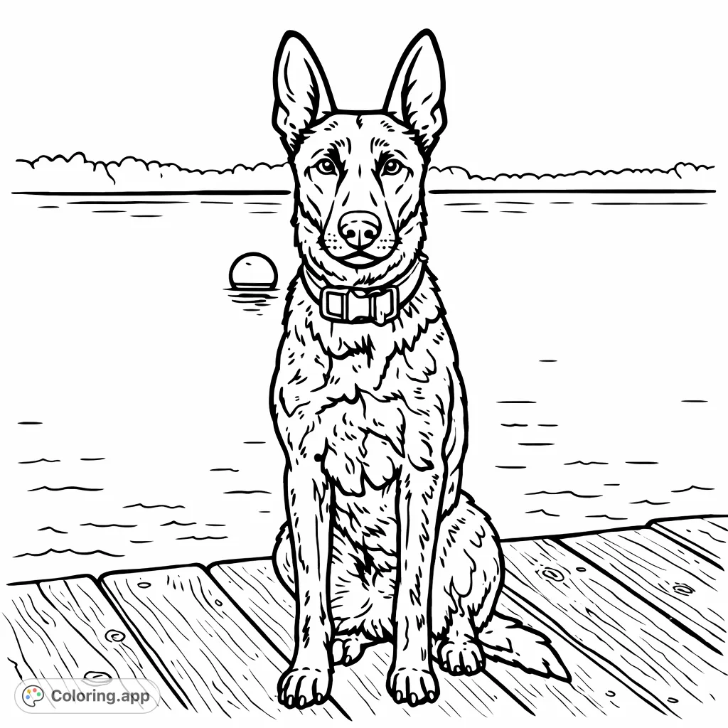 A cartoony brindle dog sits patiently on a wooden dock by the water, with a floating buoy nearby. A charming scene for all dog lovers to color!