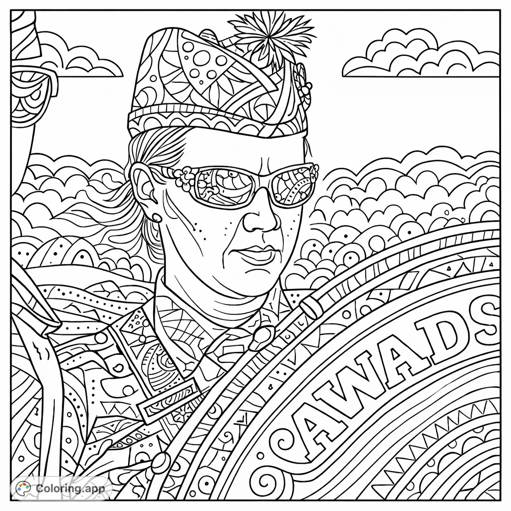 Explore this unique coloring page featuring a uniformed drummer in a plumed hat and sunglasses, holding a large drum. Perfect for fans of musical themes.