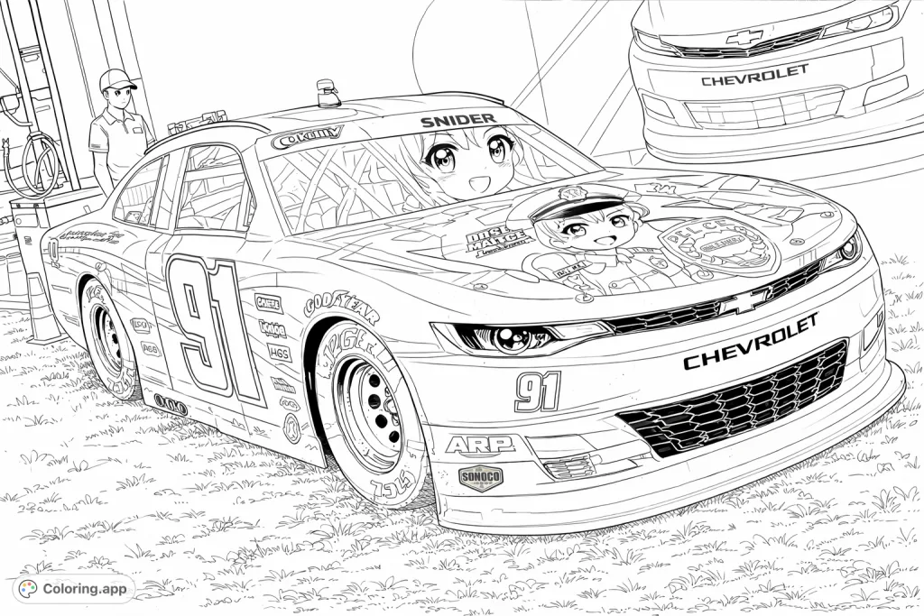 Dive into the thrilling world of racing with this detailed stock car coloring page. Personalize its aerodynamic design and prominent '91' number for an action-packed masterpiece.