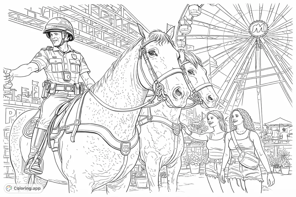 Experience the lively atmosphere of a fair with a mounted police officer and majestic horses, interacting with visitors under a Ferris wheel.