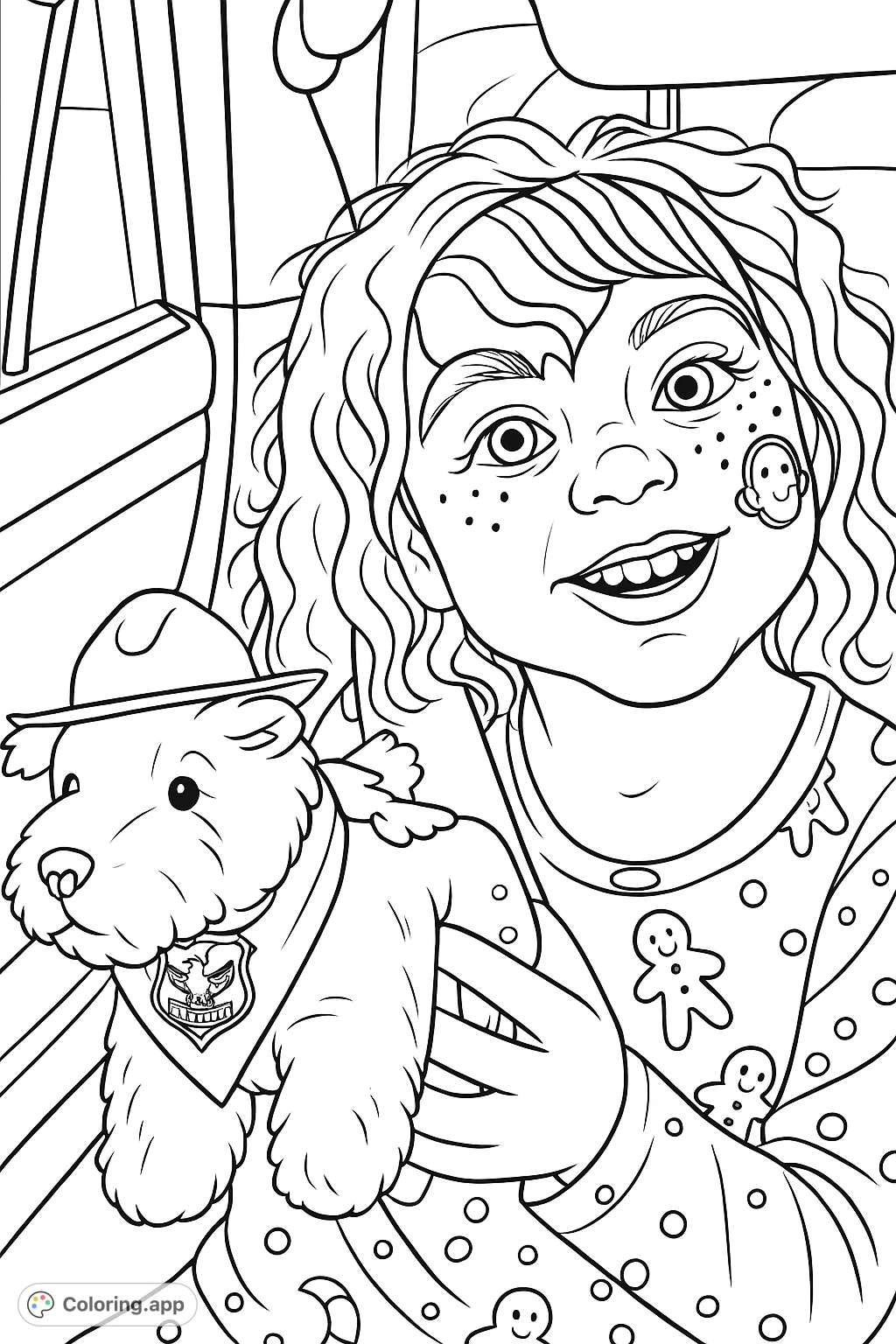 A joyful child with elaborate face paint holds a plush police dog toy, ready for a festive adventure in this charming, detailed coloring page.
