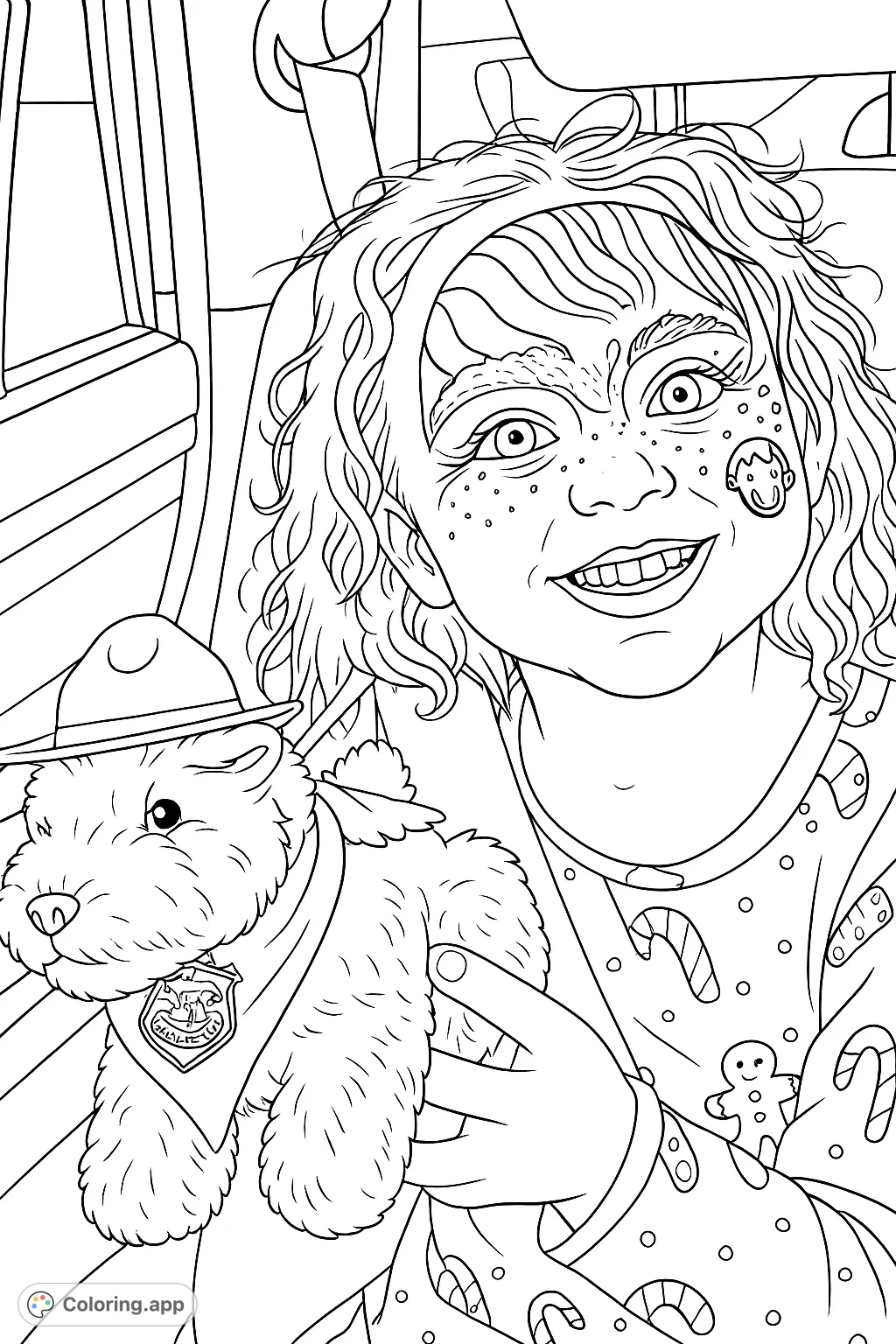 A joyful girl with festive face paint smiles while holding her plush dog in a hat and bandana, perfect for a cheerful coloring activity.