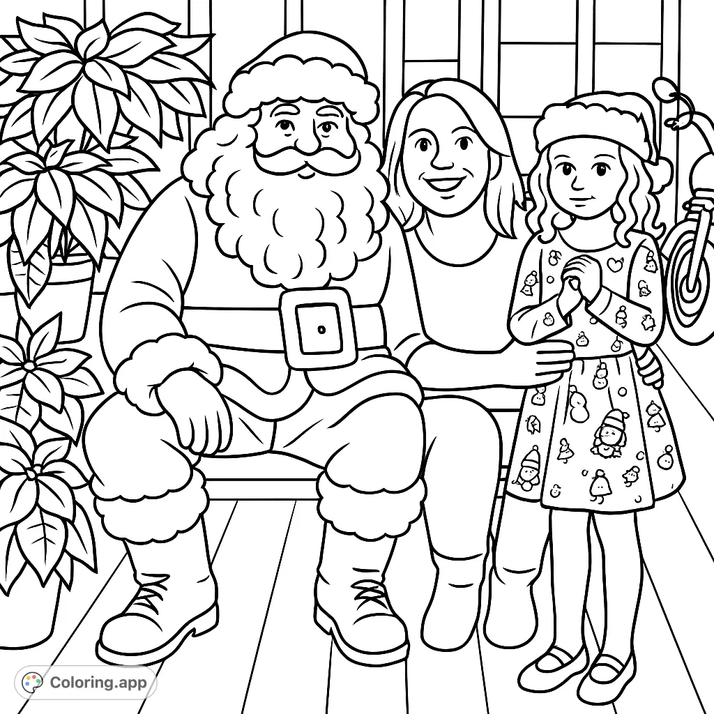 Capture the holiday spirit with Santa, a parent, and child in a charming, cartoony scene. Perfect for seasonal coloring fun, featuring beloved characters and decorative plants.