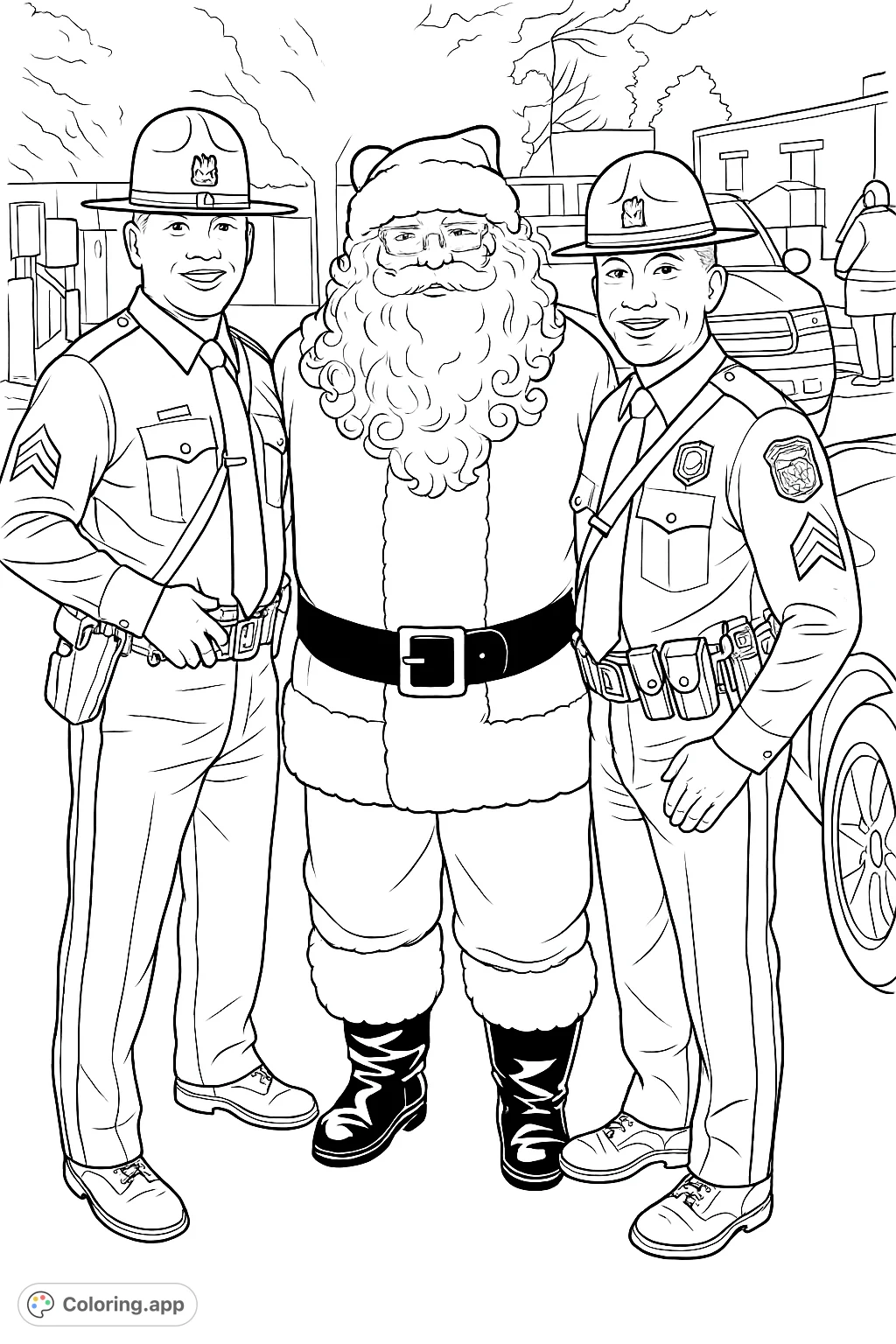 A heartwarming scene featuring a jolly festive figure flanked by two uniformed officers, posing together in a friendly community embrace.