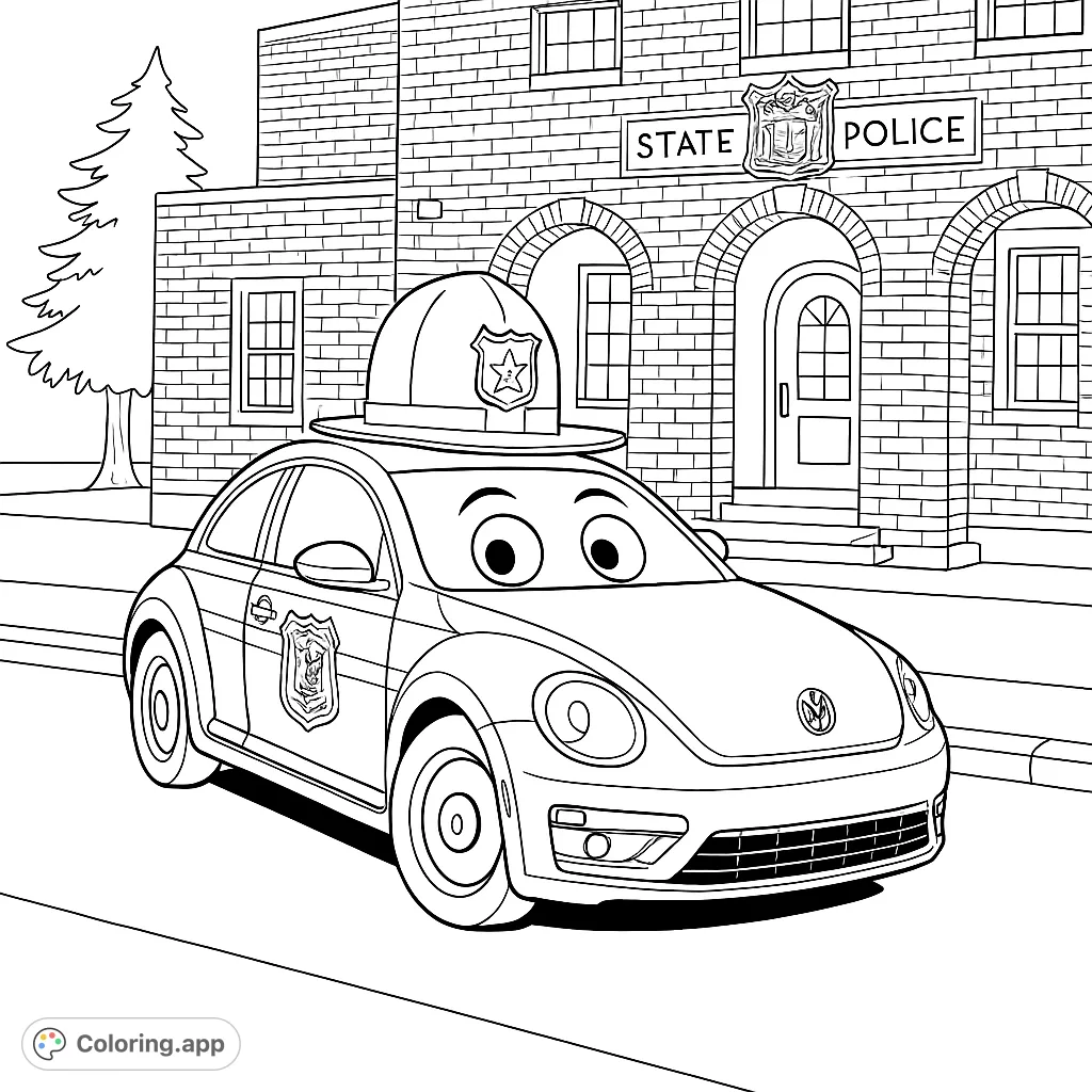A whimsical police car with big eyes and a hat, parked in front of a brick station. Fun for all ages! A unique police car coloring page.