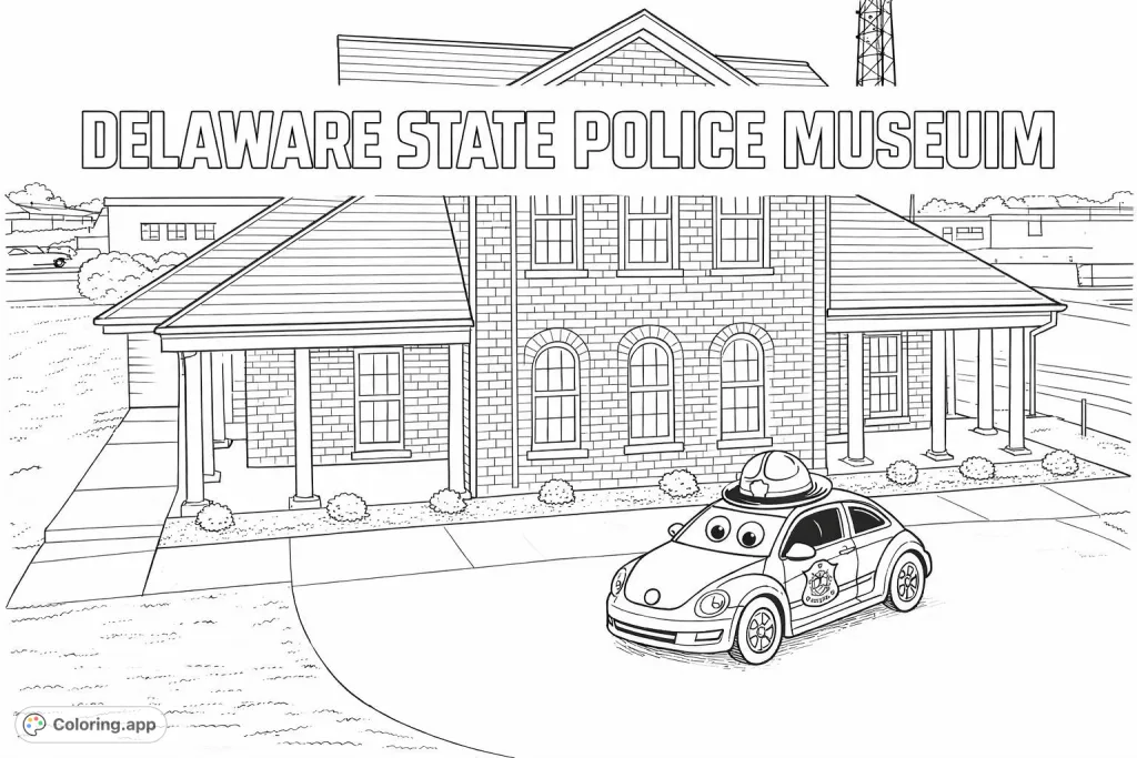 Explore a friendly police car with big eyes and a hat parked outside a brick museum building. This fun coloring page features architectural details and a whimsical vehicle.
