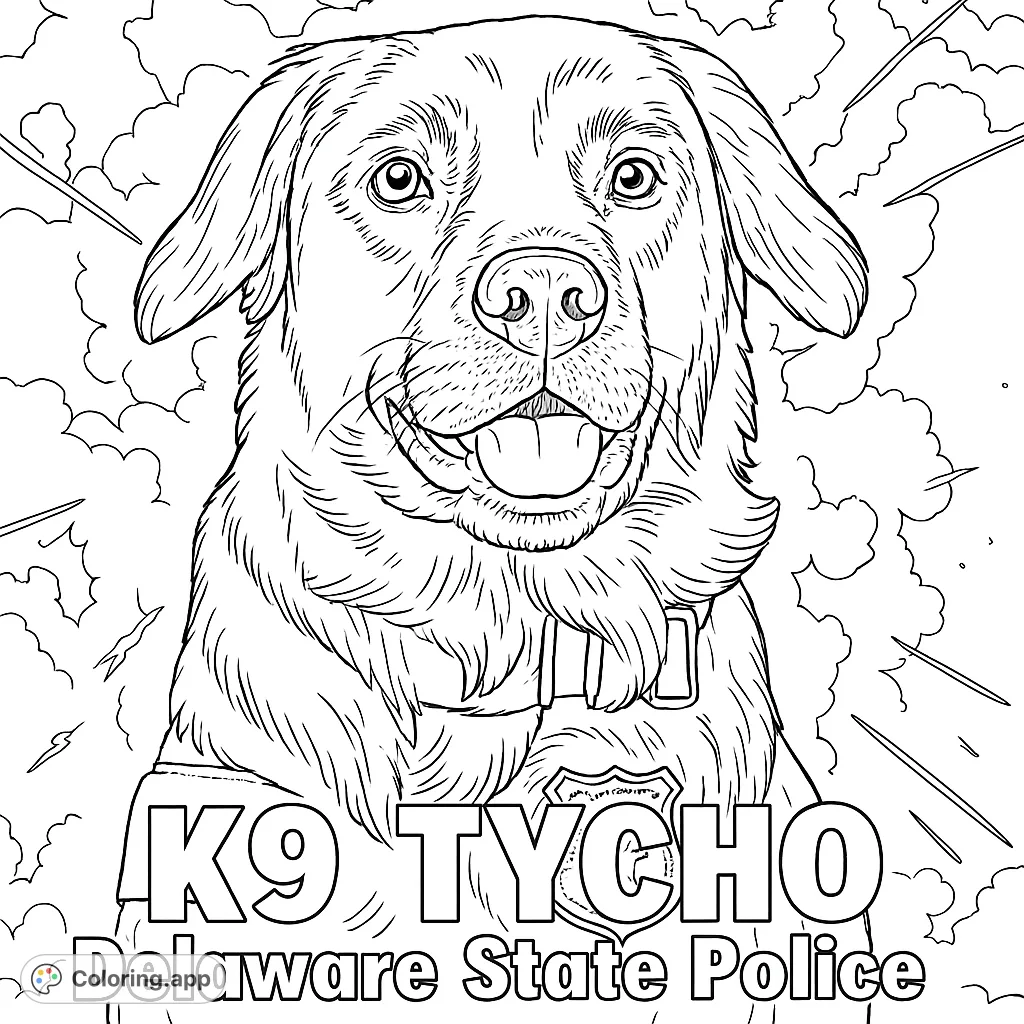 Color a brave K9 police dog with a dynamic, energetic background. A heroic K9 coloring page for all ages, perfect for dog lovers and aspiring heroes.