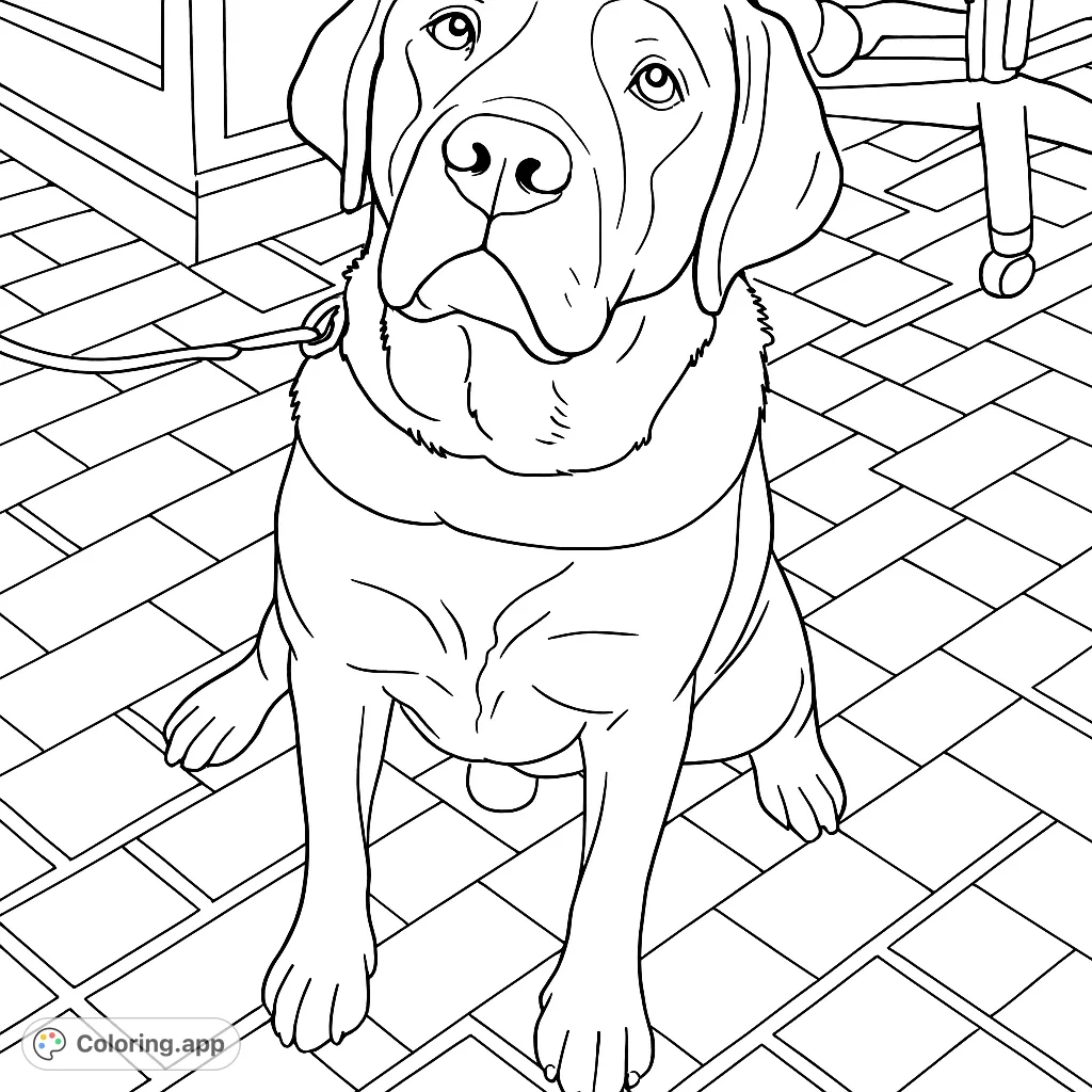 A charming Labrador dog sits patiently on a tiled floor, ready for a walk or a cuddle. A delightful dog coloring page for all ages.