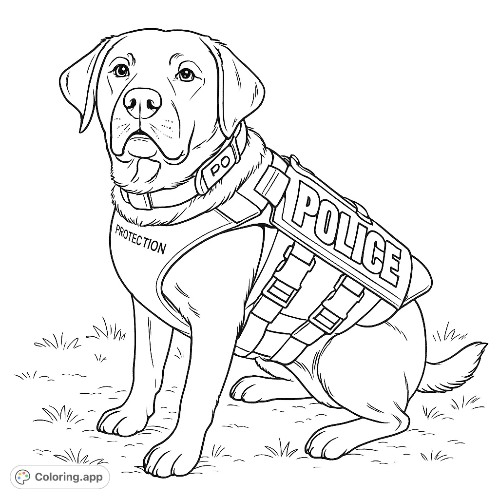 A brave K9 police dog in a detailed vest, sitting on textured ground. Perfect for animal lovers and aspiring heroes.