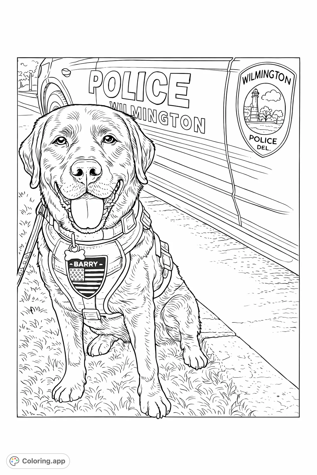 A loyal K9 partner sits proudly beside a police vehicle, ready for duty. This police dog coloring page is perfect for all who appreciate service animals.