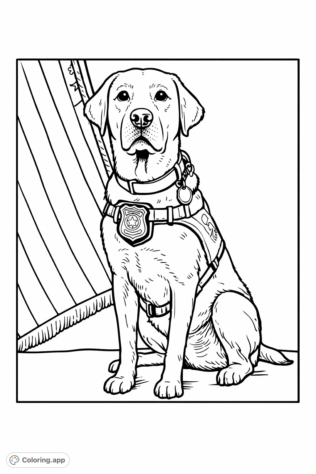 Capture the essence of duty and companionship with this service dog coloring page, featuring a dedicated canine in uniform beside a proud flag.
