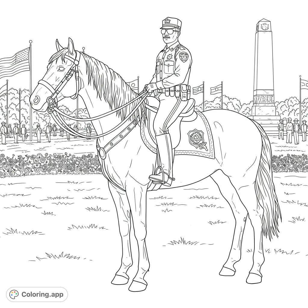 A detailed mounted police officer on a powerful horse, set against a backdrop of a grassy field, a stone monument, and waving flags.