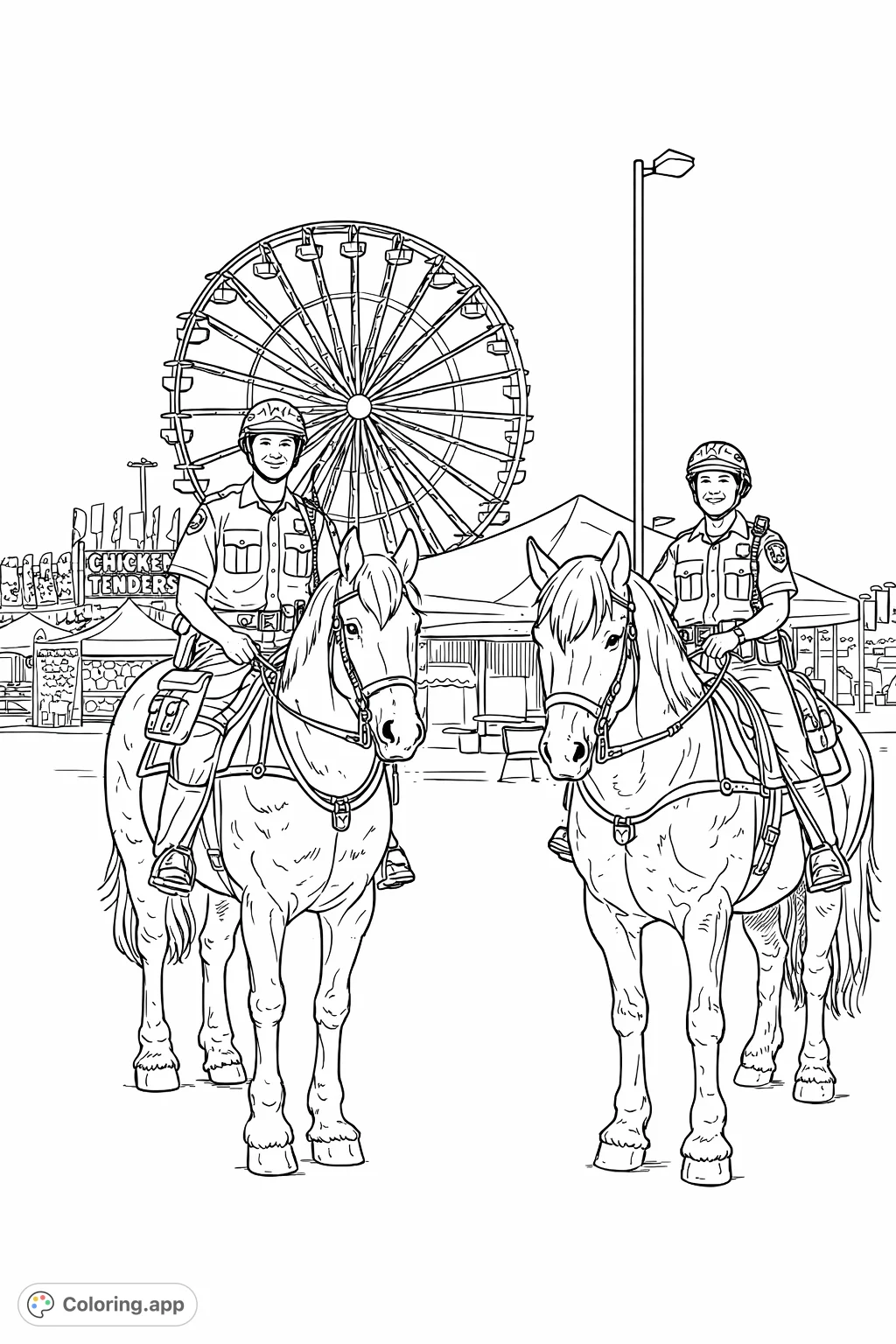Two mounted officers on powerful horses guard a lively carnival, with a giant Ferris wheel and fairground stalls in the background. A unique and engaging scene.