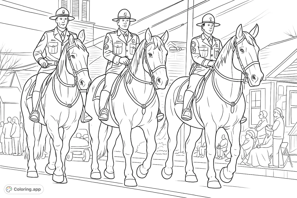 Three uniformed police officers on majestic horses parade through a town, complete with detailed uniforms, tack, and background elements.