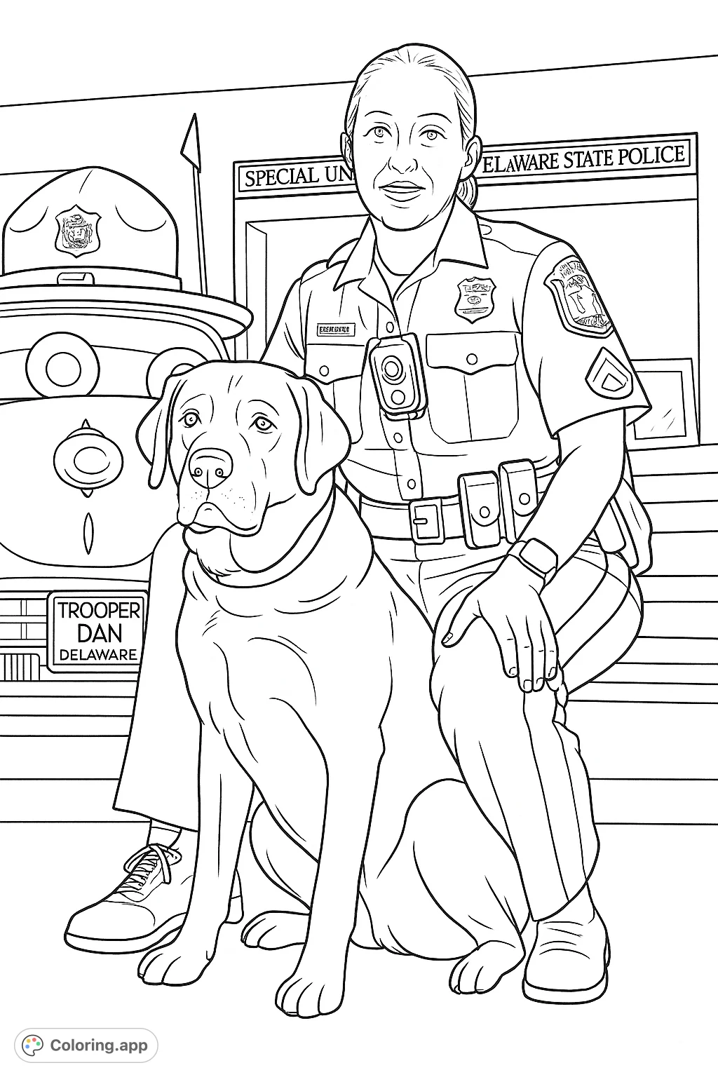 A friendly police officer and her loyal K9 partner pose together, with a unique police car mascot in the background. A heartwarming scene for all ages.