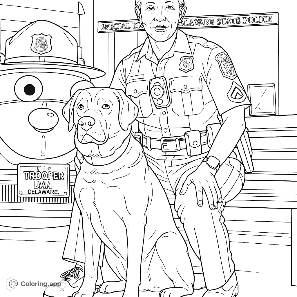 Join a dedicated police officer and her loyal K9 partner, with a classic police car in the background. A tribute to community heroes.