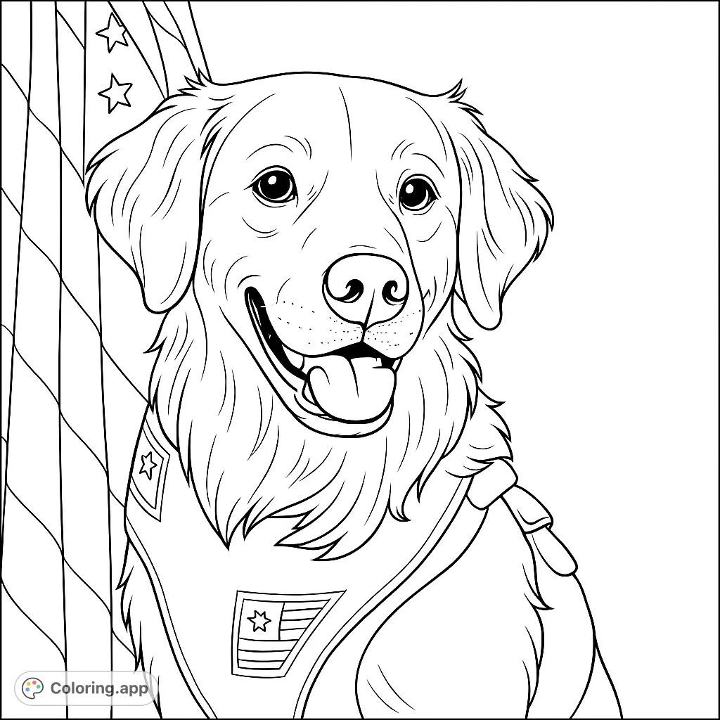A heartwarming patriotic dog coloring page featuring a loyal canine in a patterned harness against a flag, perfect for celebrating national pride.
