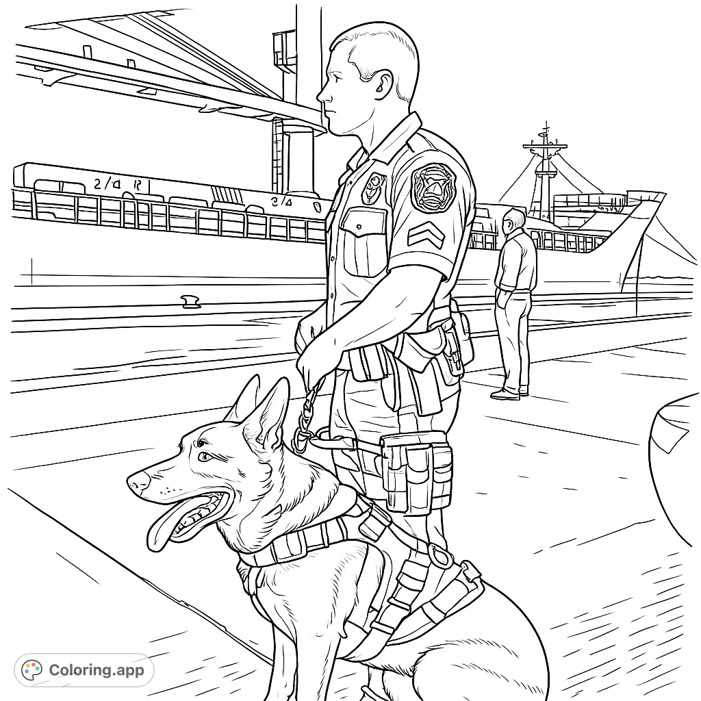 A dedicated police officer and K9 partner stand guard at a port. This K9 unit coloring page offers a detailed scene for all ages.