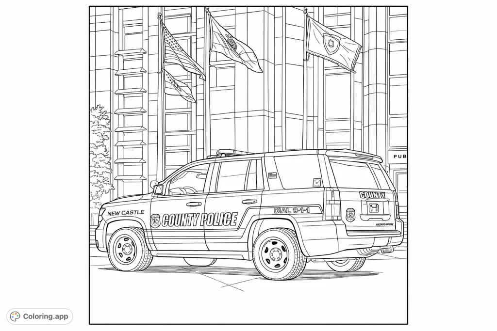 Color this detailed police SUV with flags waving proudly before a modern government building. An engaging and intricate scene for all ages.