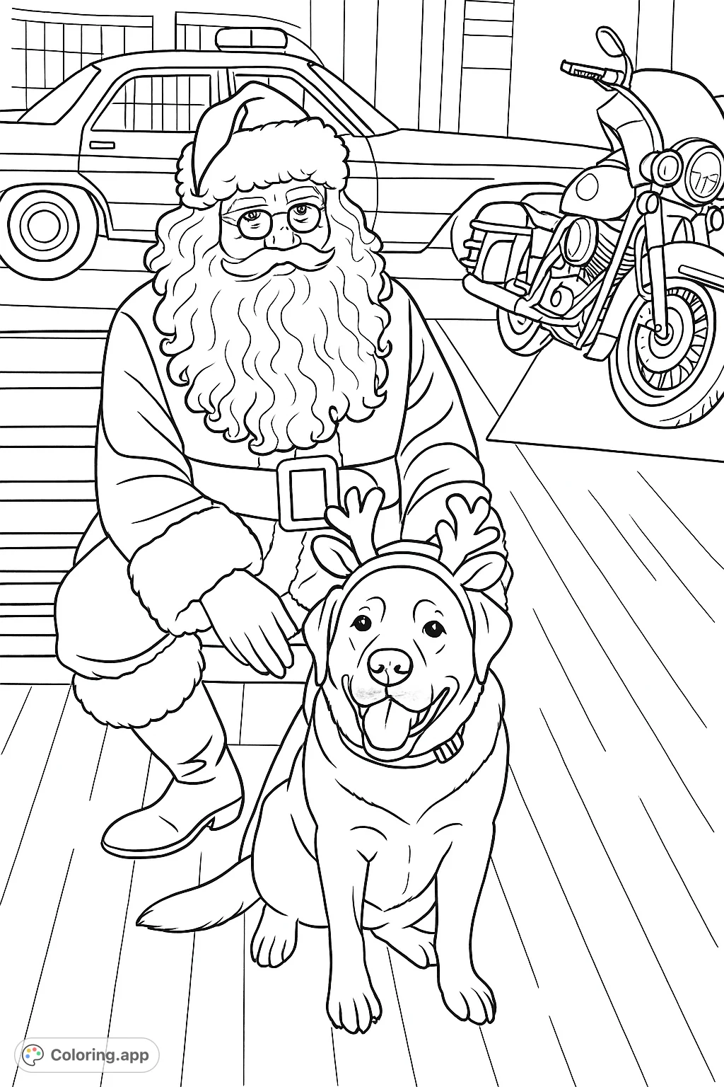 A heartwarming Christmas scene with Santa Claus and a friendly dog wearing reindeer antlers. Perfect for holiday cheer and festive coloring fun.
