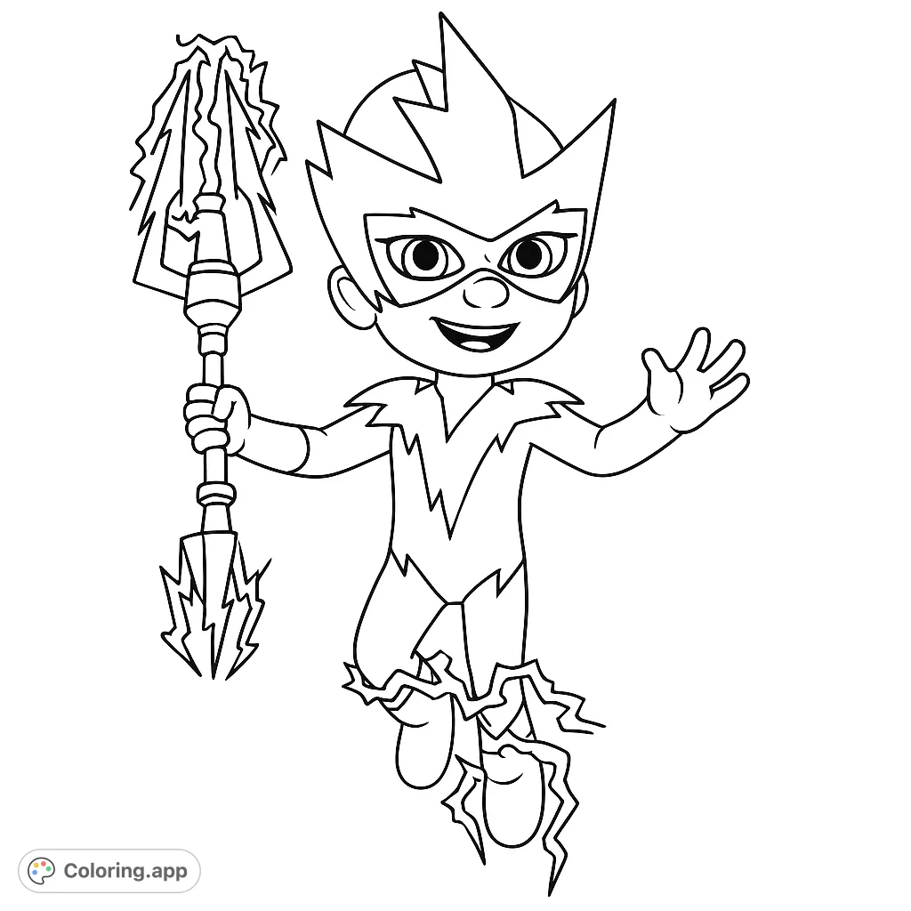 Dynamic superhero soaring through a city night, wielding a lightning staff. Perfect for action-packed coloring adventures!