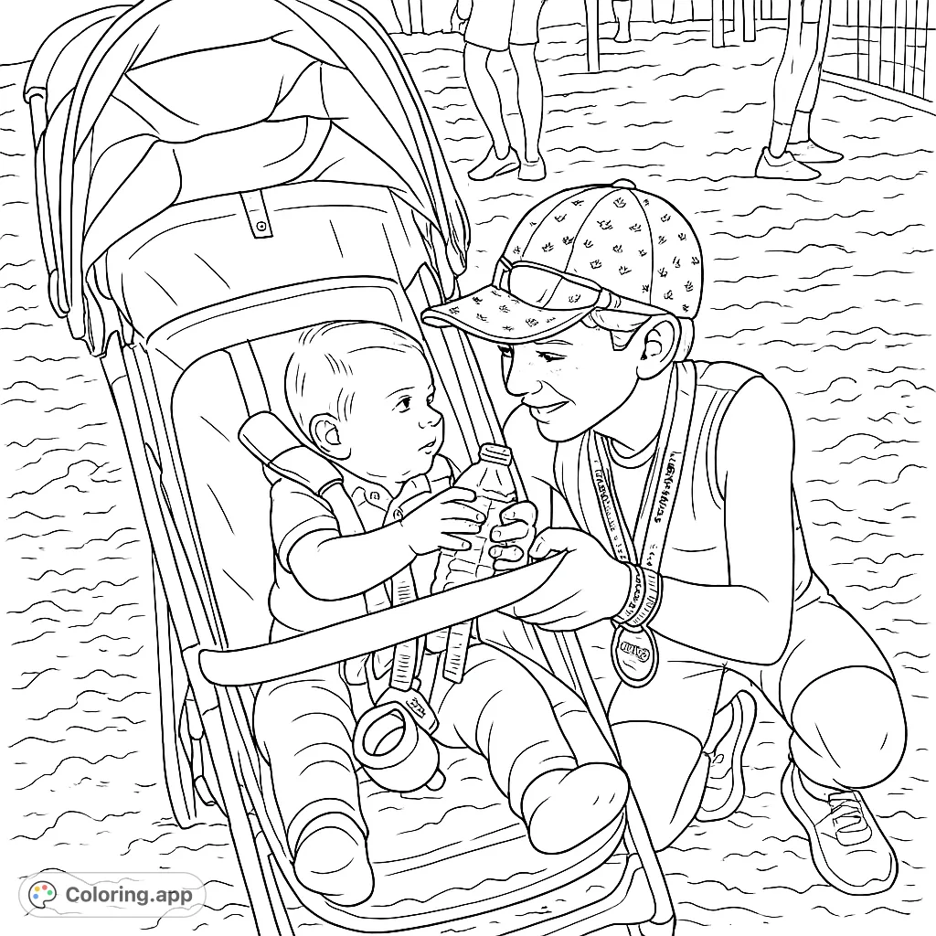 A tender moment between an older brother and baby in a stroller on a sandy beach, perfect for a heartwarming family coloring page.