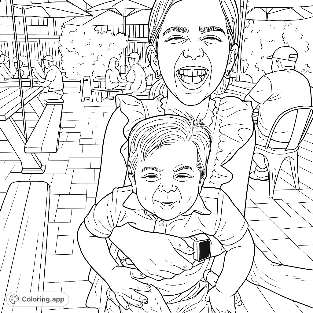 Capture a heartwarming moment of a big sister holding a laughing baby, set in a lively outdoor patio. Perfect for family fun!
