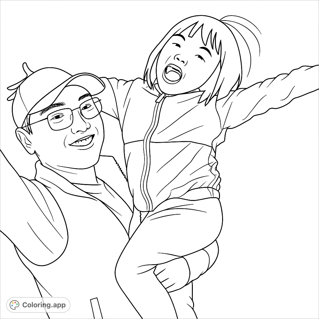 A joyful father and daughter on a shoulder ride, arms outstretched against a scenic ocean and sky backdrop. Perfect for family fun!