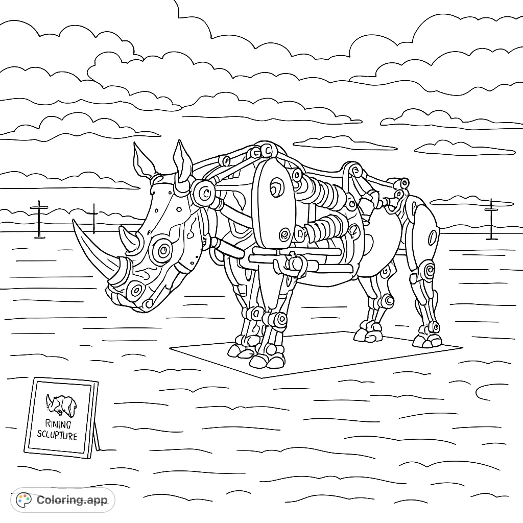 An intricate steampunk rhino sculpture stands in a vast desert, detailed with gears and pipes, offering a complex and engaging coloring challenge.